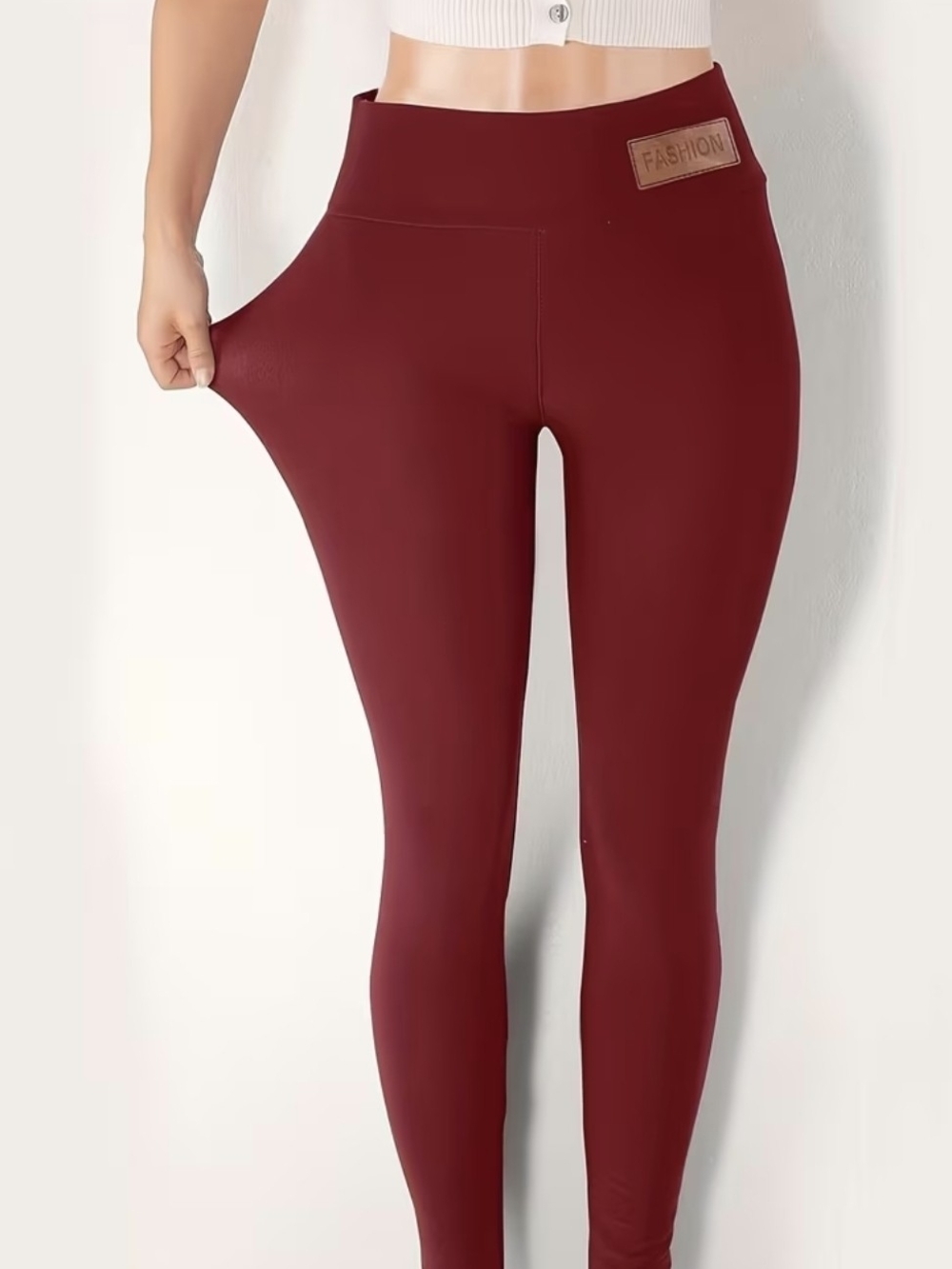 High-Waist Burgundy Stretch Leggings with 'FASHION' Patch
